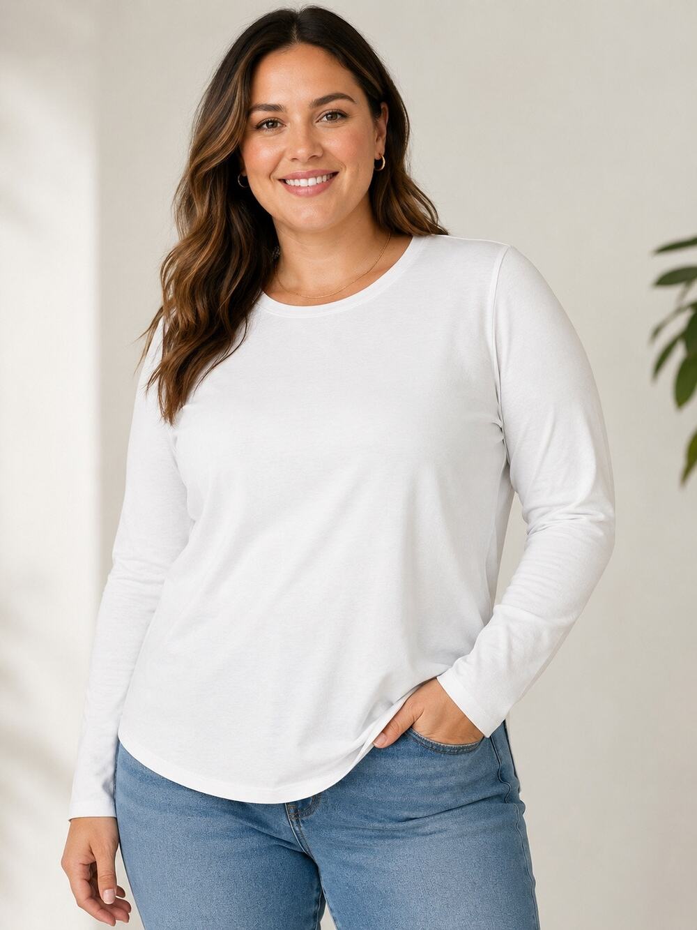 Lane Bryant Top Womens 22/24 White Long Sleeve Stretch Cotton Blend Basic